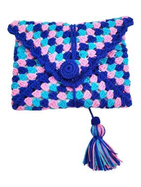 New Handmade Crochet Envelope Book Pouch Clutch Blue Pink Teal Tassel Lined